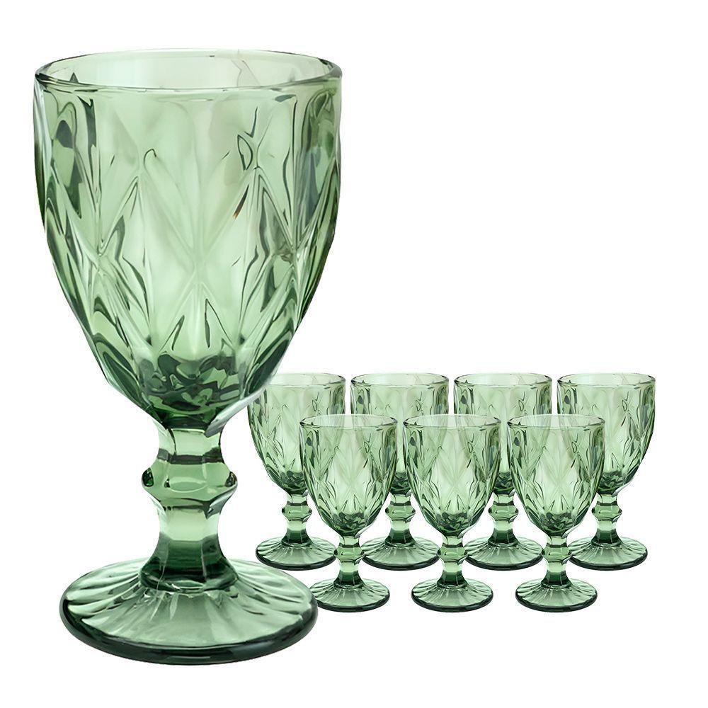 Jogo 8 Taças De Vidro Diamond Diamante Verde 300ml água Class Home - 1
