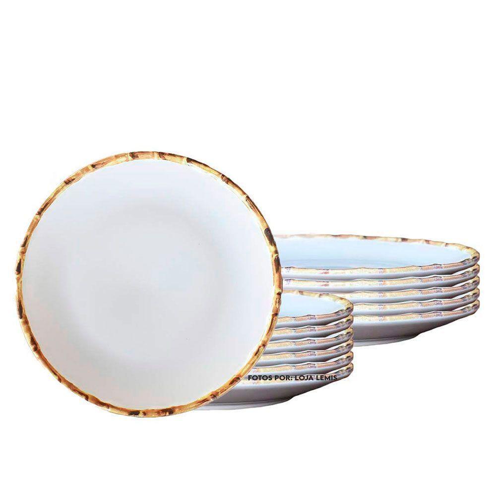 Jogo 12 Pratos Rasos 27cm Borda De Bambu Cerâmica 1ª Linha Scalla - 1