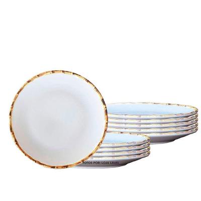 Jogo 10 Pratos Rasos De Cerâmica 27cm Borda De Bambu 1ª Linha Scalla