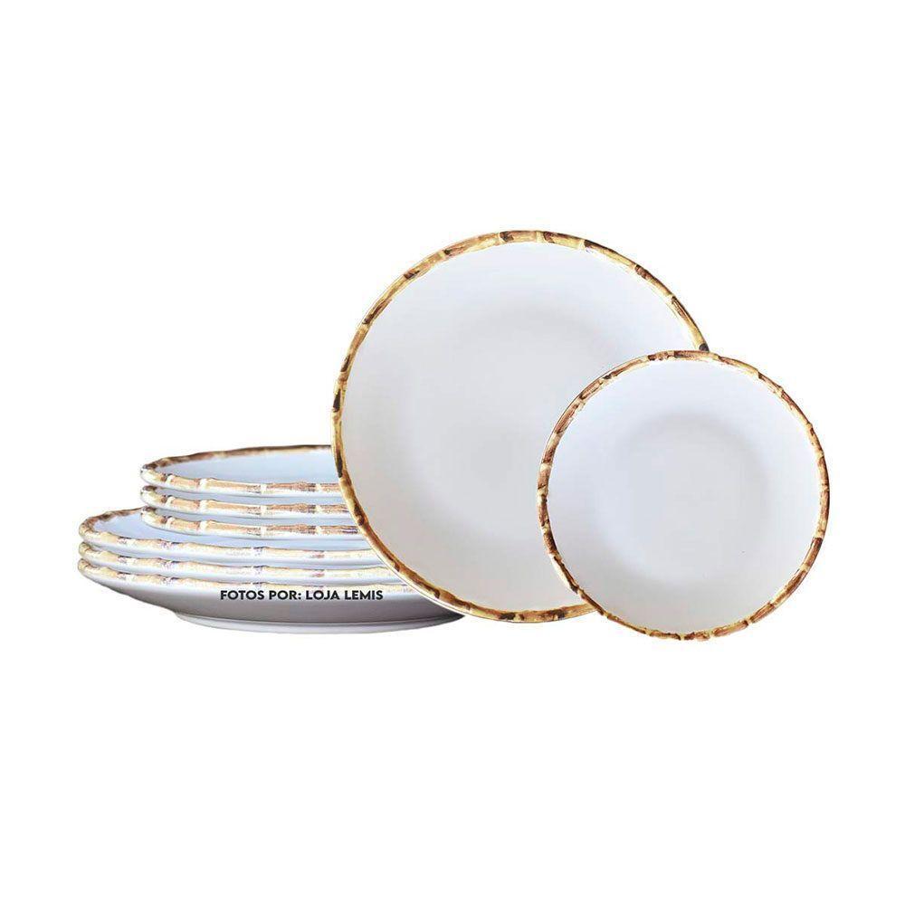 Jogo De Pratos 4 Rasos E 4 Sobremesa Borda Bambu Cerâmica Scalla 1ª Linha - 1