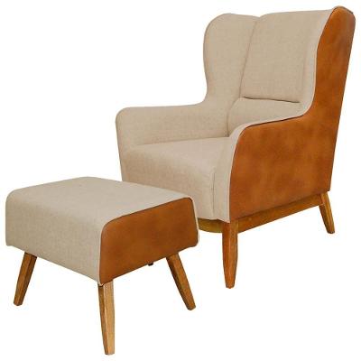 Kit Poltrona Com Puff Milena Com Puff Viseo D02 Linho Bege C-129 Corano Marrom Lyam Decor