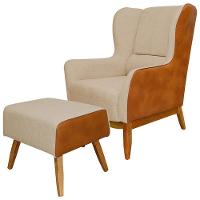 Kit Poltrona Com Puff Linho Bege C-129 Corano Marrom - 1