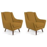 Kit 02 Poltronas Fixa Pés De Madeira Veludo Mostarda Escuro - 1