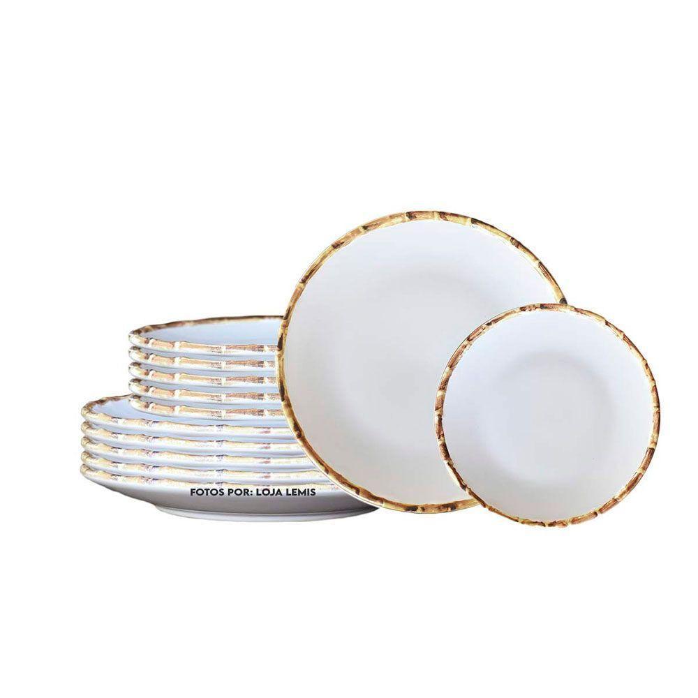 Jogo De Pratos 6 Rasos E 6 Sobremesa Borda Bambu Cerâmica Scalla 1ª Linha - 1