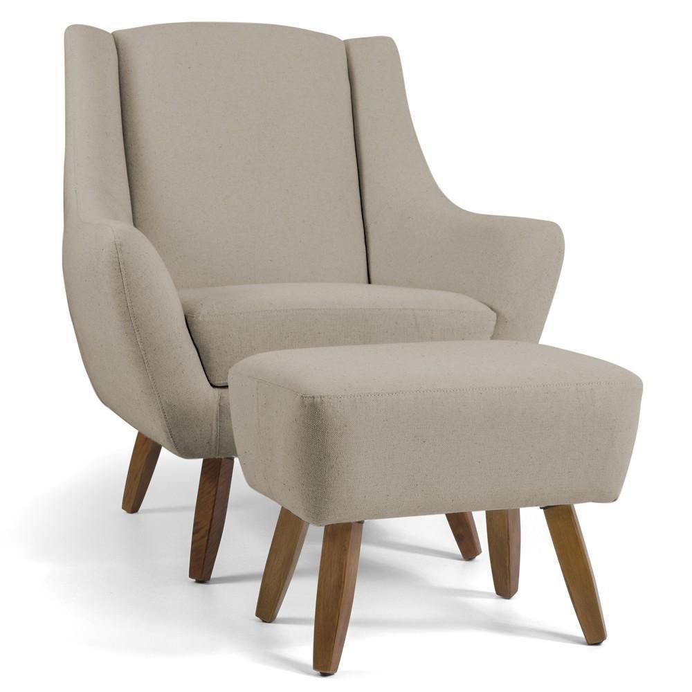 Poltrona Fixa Com Puff Pés De Madeira Linho Bege C-129 - 1