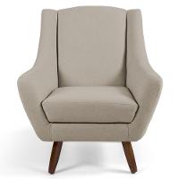 Poltrona Fixa Com Puff Pés De Madeira Linho Bege C-129