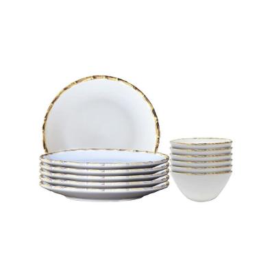 Jogo 6 Pratos Rasos E 6 Bowls 500ml Borda Bambu Cerâmica 1ªlinha Scalla