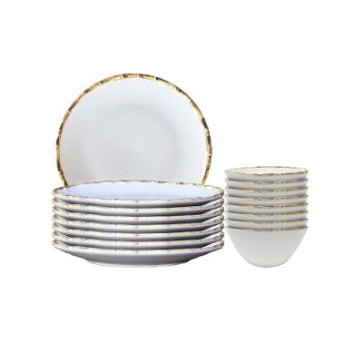 Jogo 8 Pratos Rasos E 8 Bowls 500ml Borda Bambu Cerâmica 1ªlinha Scalla