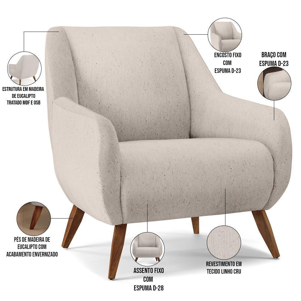 Poltrona Fixa Pés De Madeira Paloma D02 Linho Cru C-443 - 6
