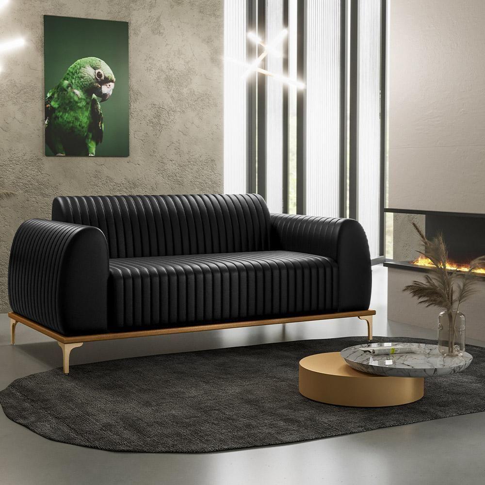 Sofá 2 Lugares Para Sala De Estar Molino 150 Cm D02 Pés D'ouro Couríssimo Preto B-159 - Lyam Decor - 7