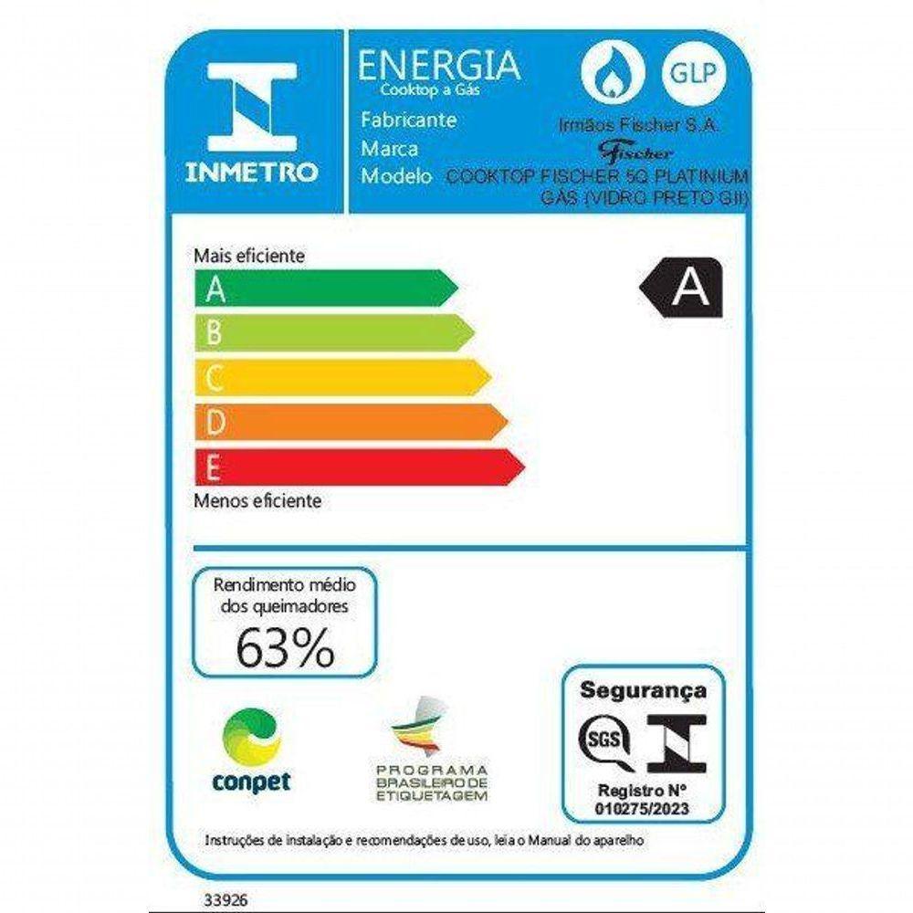 Cooktop a Gás Fischer 5 Bocas Tripla Chama Platinium com Trempe de Ferro Fundido Mesa Vidro 33810-92122 Bivolt Preto - 5