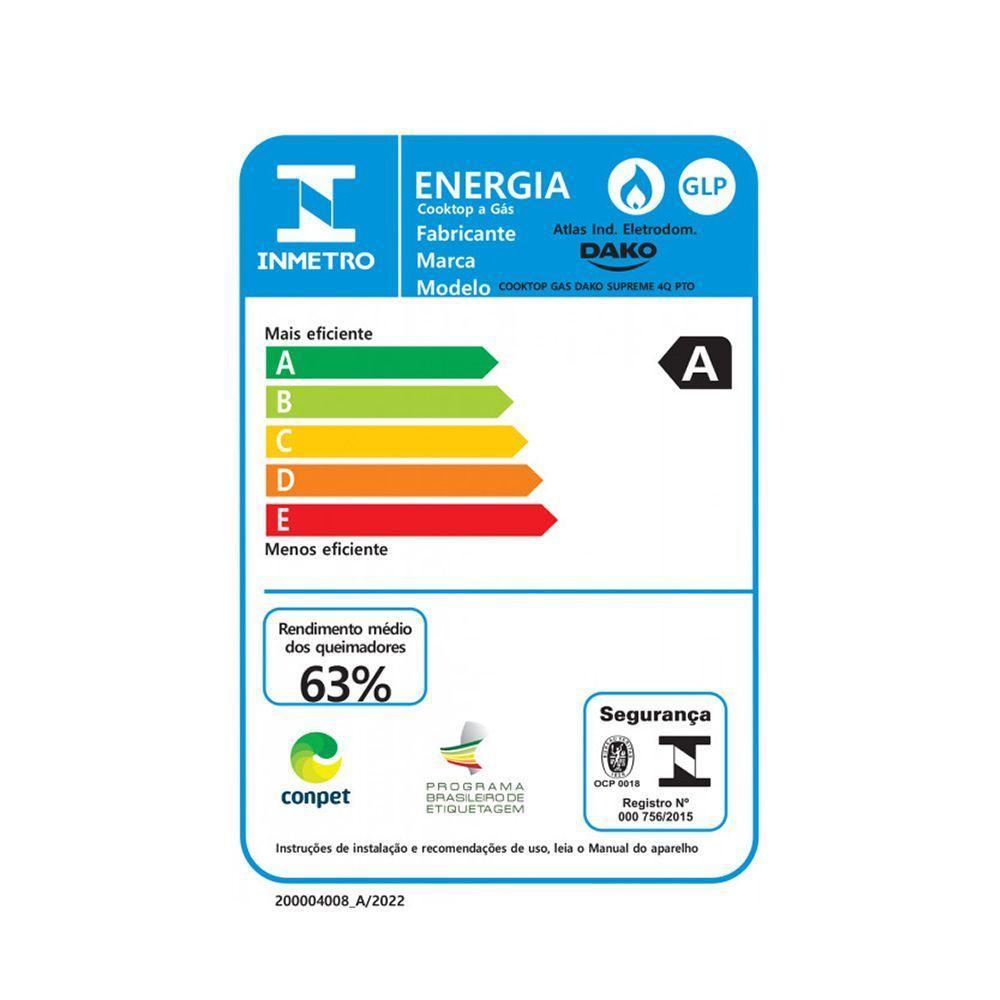 Cooktop 4 Bocas Dako Supreme A Gás Acendimento Automático E Tripla Chama Preto Bivolt  - 6