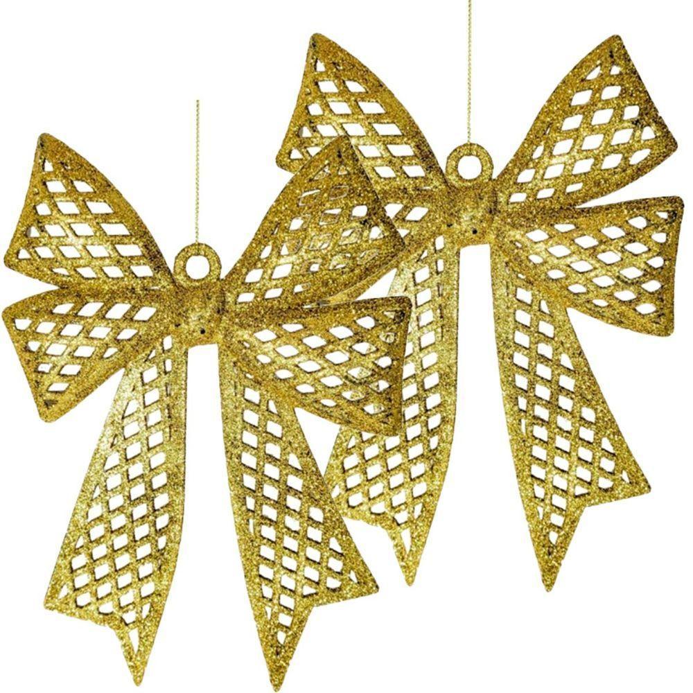 Kit 8 Enfeites árvore De Natal Laço Dourado Glitter 24cm - 1