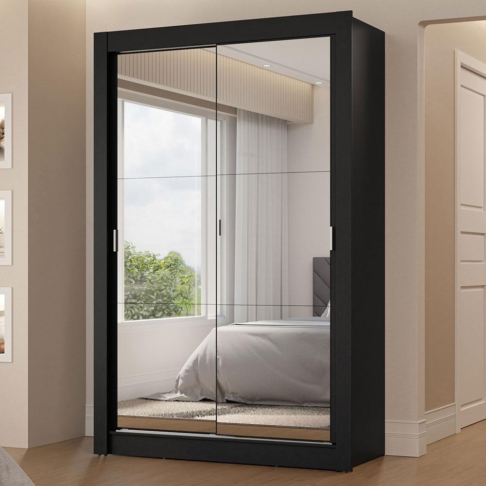 Guarda-roupa Solteiro 2 Portas De Correr Com Espelhos 2 Gavetas Preto Vivare Madesa Preto - 1
