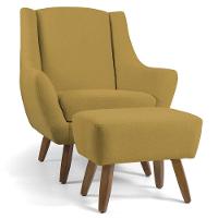 Poltrona Fixa Com Puff Pés De Madeira Veludo Mostarda C-279 - 1