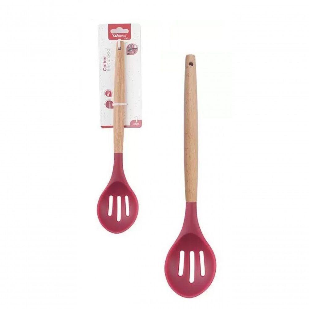 Colher Vazada De Silicone Vermelho Cabo Madeira 32 Cm - Well - 2