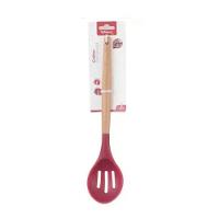 Colher Vazada De Silicone Vermelho Cabo Madeira 32 Cm - Well - 1