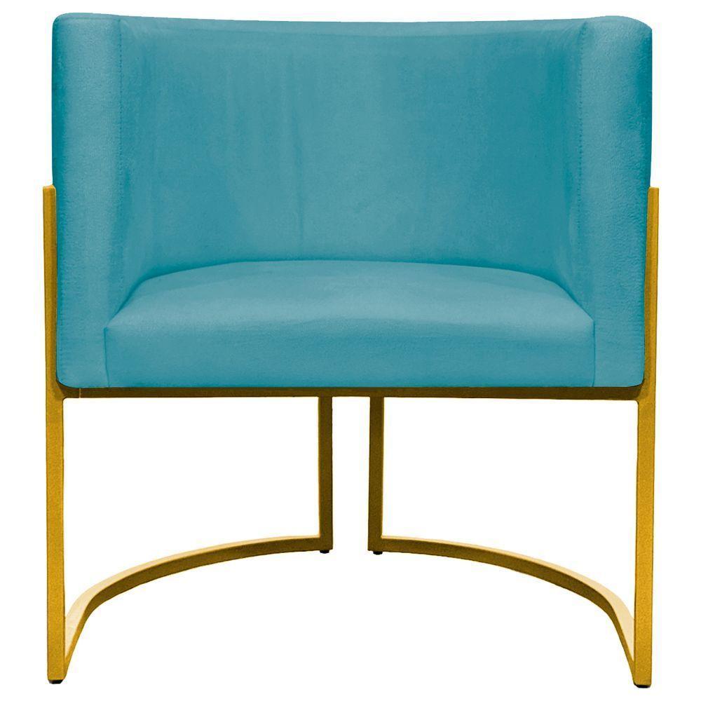 Poltrona Decorativa Recepção Luna Suede Cores Base De Ferro Dourada - Azul-turquesa, Suede - 3