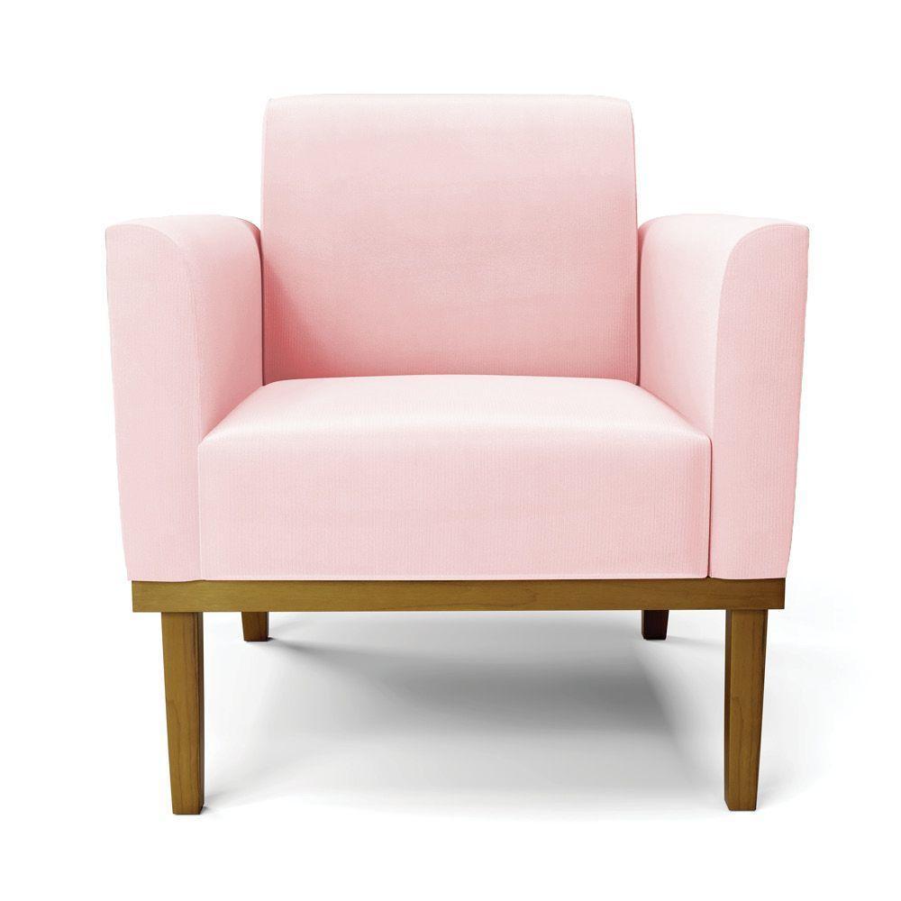 Poltrona Decorativa Pés Fixo Em Madeira Castanho Suede Rosa Bebê - 3