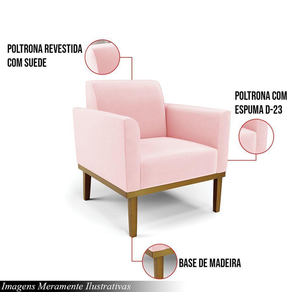 Poltrona Decorativa Pés Fixo Em Madeira Castanho Suede Rosa Bebê - 6