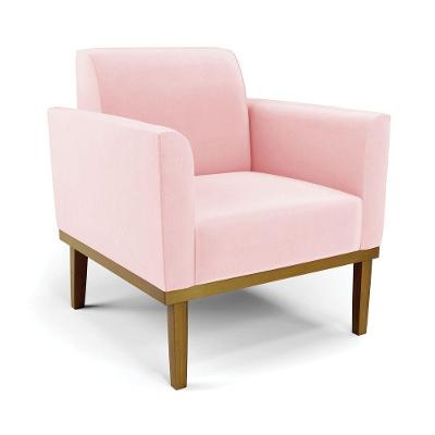 Poltrona Decorativa Pés Fixo Em Madeira Castanho Suede Rosa Bebê