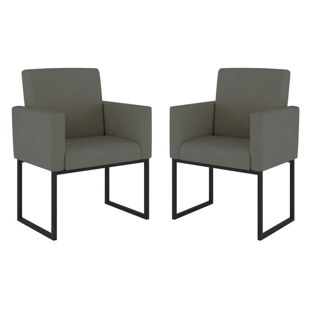 Kit 02 Poltrona Cadeira Decorativa Recepção Base Ferro Preto Cor:cinza - 1