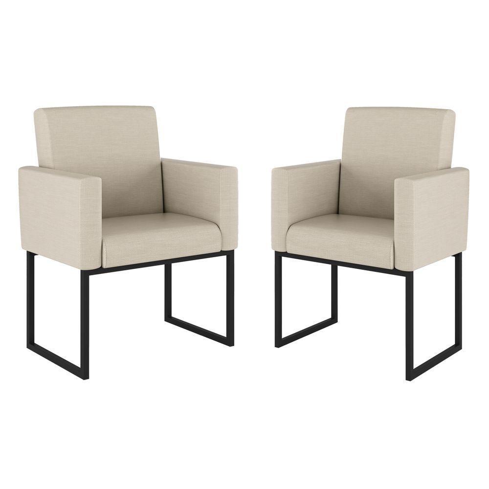 Kit 02 Poltrona Cadeira Decorativa Recepção Base Ferro Preto Linho Cor:linho Bege - 1