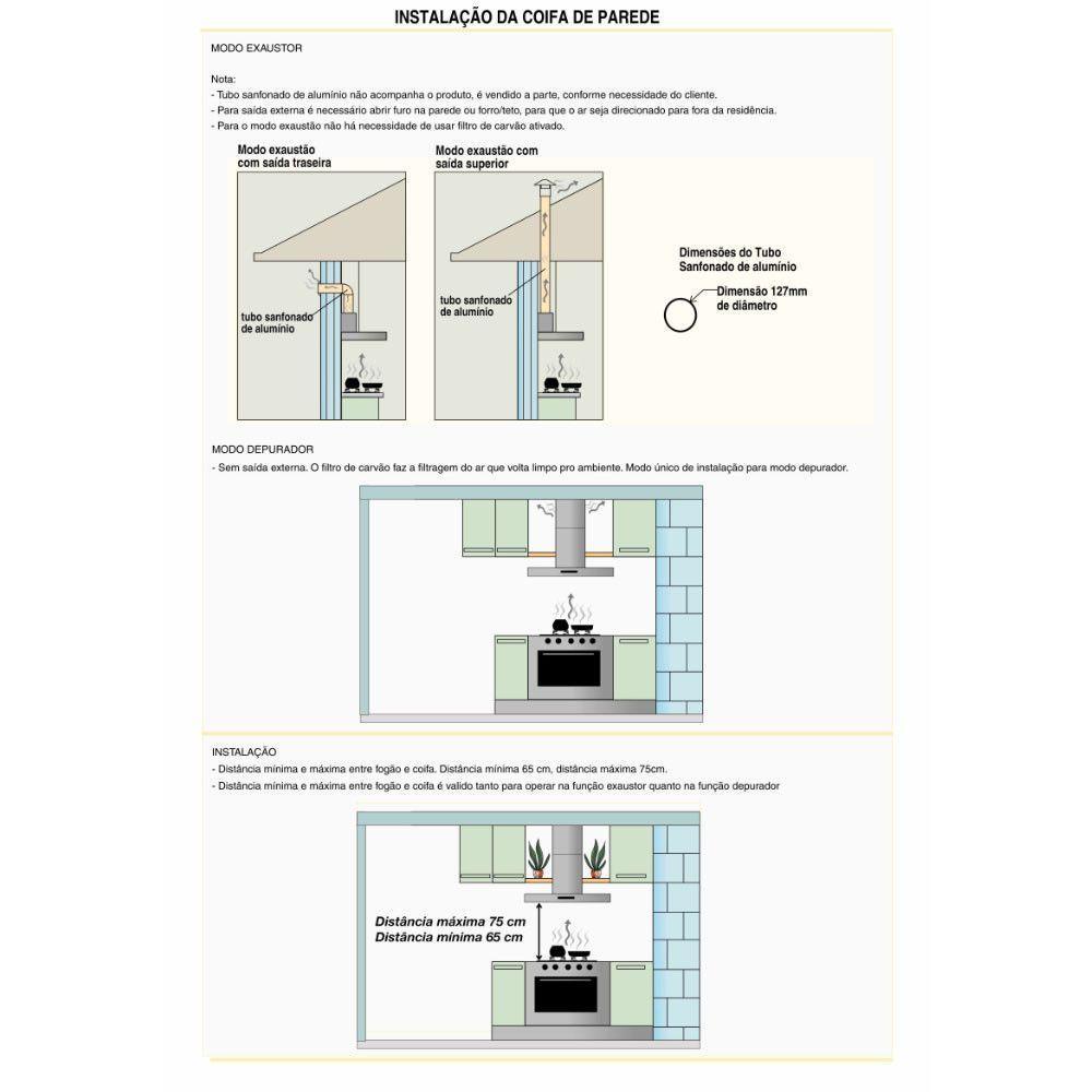 Coifa Terim Parede Vidro Curvo Inox Duto Slim 70 Cm Inox 220v - 7