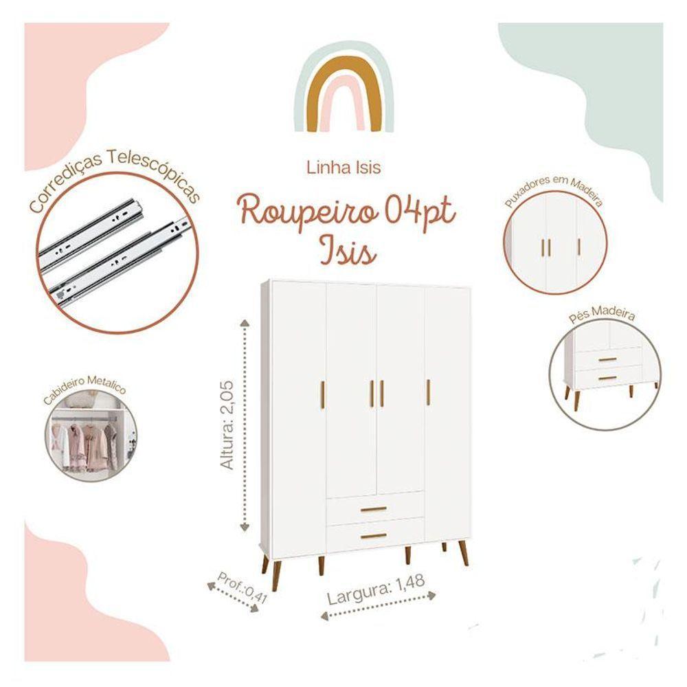 Guarda Roupa Infantil 4 Portas Isis Branco Acetinado - Reller - 3