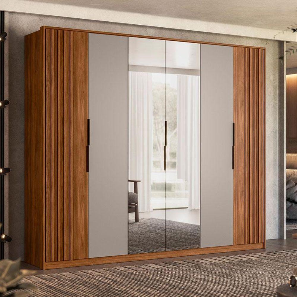 Guarda Roupa Casal Ripado Atrice 6 Portas Nogueira Nude Prime Tx Com Espelho Demóbile - Demartêz - 2