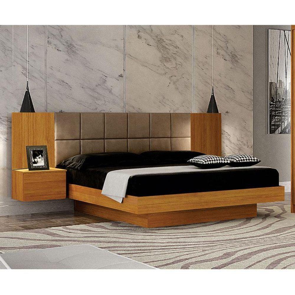 Cama De Casal Braga Queen Size Com Criado E Cabeceira Cinamomo Joli Camurça - Leifer Móveis - 2