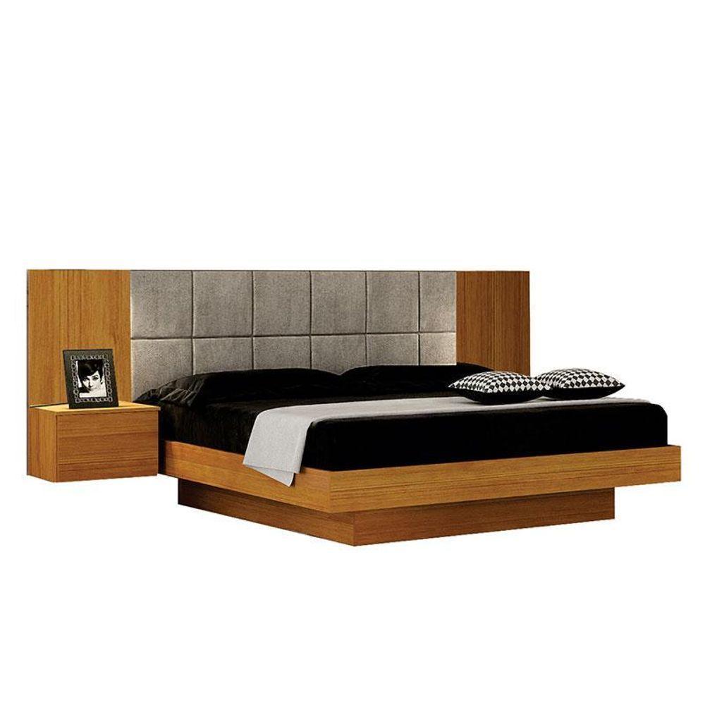 Cama De Casal Braga Queen Size Com Criado E Cabeceira Cinamomo Joli Palha - Leifer Móveis - 1