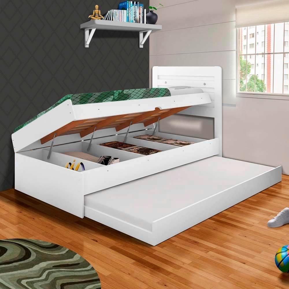 Cama Com Baú Solteiro Com Auxiliar Larissa Branco Framar Com 2 Colchões Probel D20 - 4