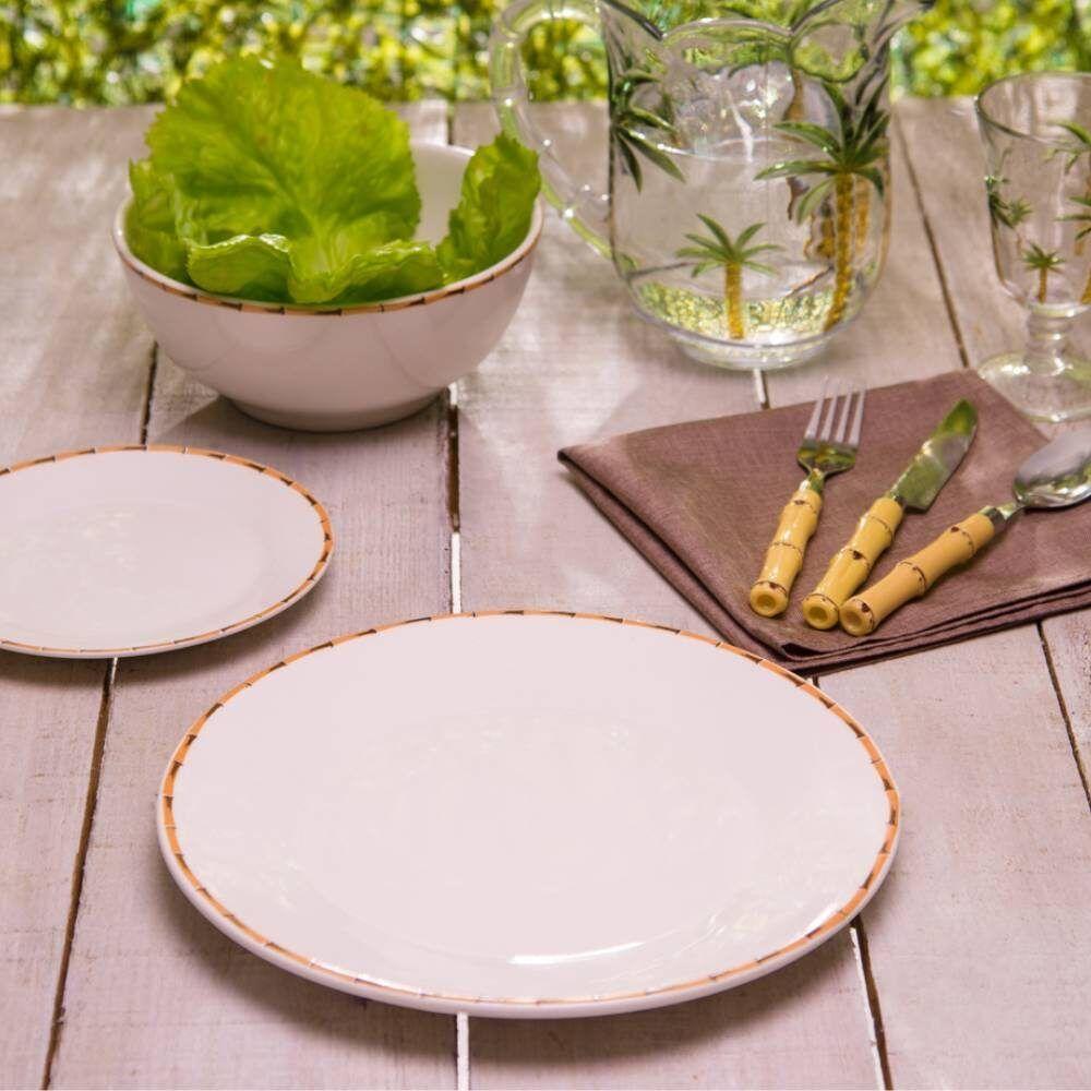 Prato Raso De Porcelana Branco Borda Bambu 27cm Lyor - 4