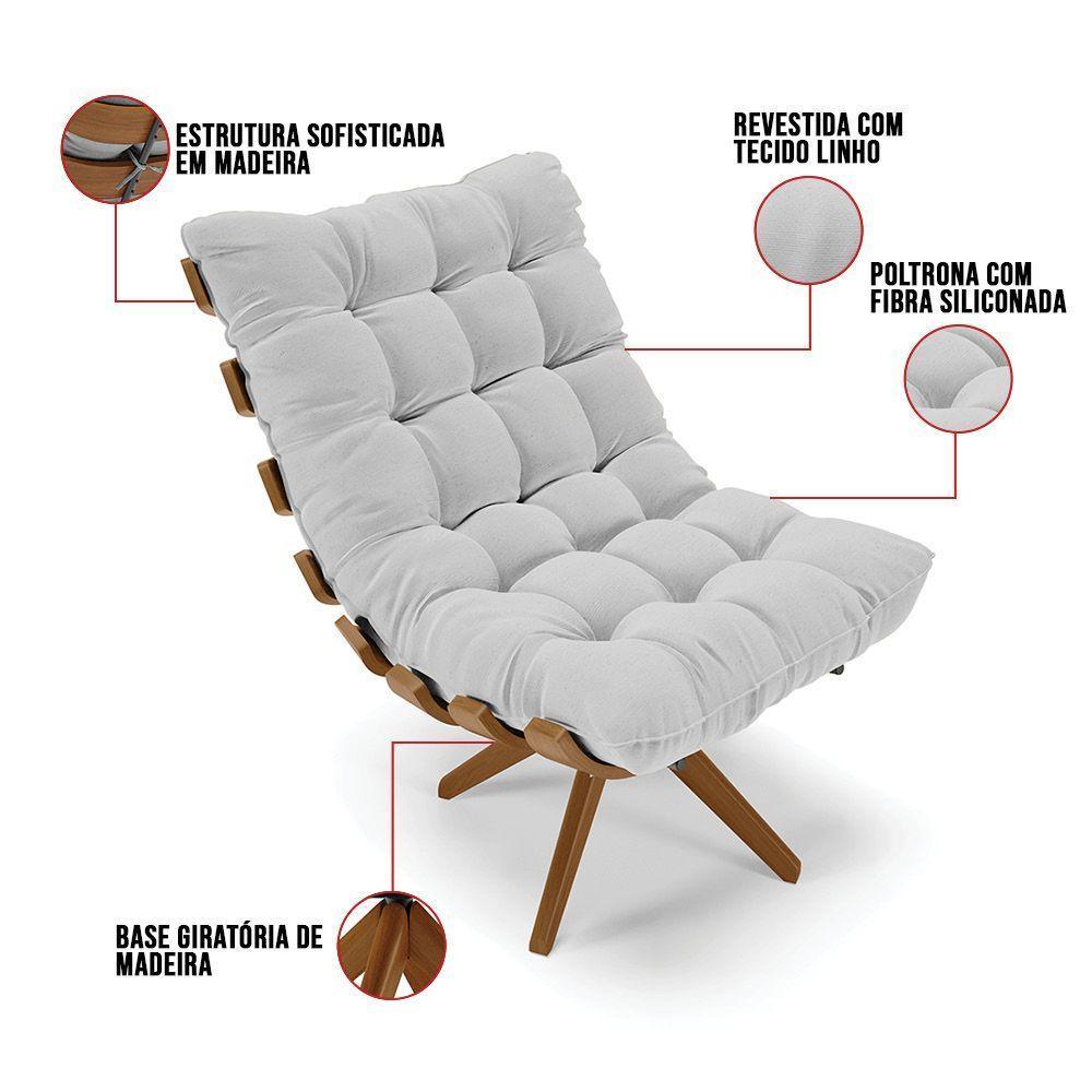 Poltrona Giratória Costela Linho Base Madeira A05 Cinza Claro - 4