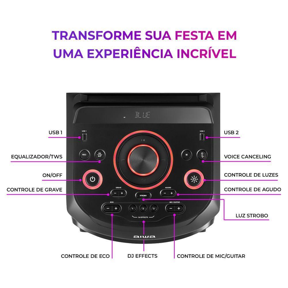 Torre de Som Aiwa T1W-01B 1500W 1woofer10" Bt RGB USB FM DJ Bluetooth Bivolt - 2