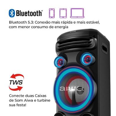 Torre de Som Aiwa T1W-01B 1500W 1woofer10" Bt RGB USB FM DJ Bluetooth Bivolt