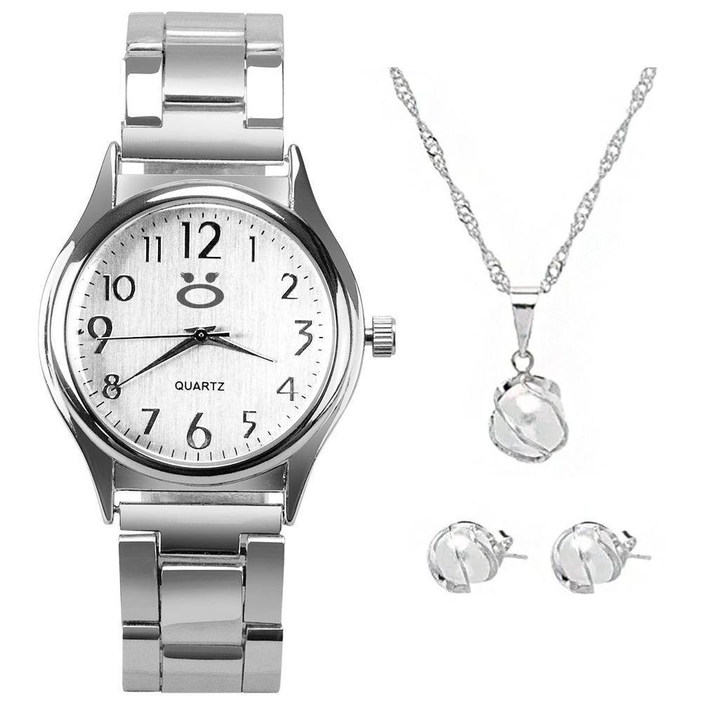 Relogio Feminino Prata Aço Inox + Colar Brincos + Caixa - 1