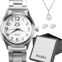 Relogio Feminino Prata Aço Inox + Colar Brincos + Caixa - 2