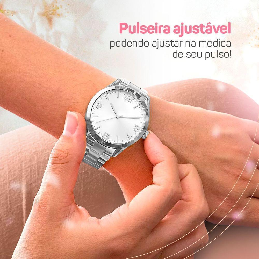 Relogio Feminino Aço Inox Prata + Caixa + Pulseira Pandora - 6