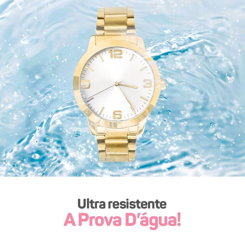Relogio Feminino Dourado Aço Inox + Pulseira Pandora + Caixa - 7