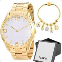 Relogio Feminino Dourado Aço Inox + Pulseira Pandora + Caixa - 1