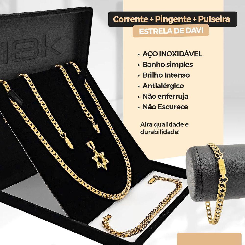Pulseira + Pingente Estrela Davi + Corrente Dourada Aço - 4