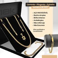 Pulseira + Pingente Estrela Davi + Corrente Dourada Aço - 4