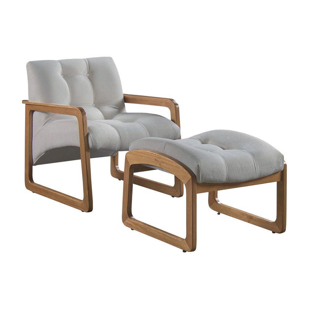 Poltrona E Puff Lis Em Linho Bouclê Com Base De Madeira Cor Prata 2502 Peça Poltrona + Puff - 1