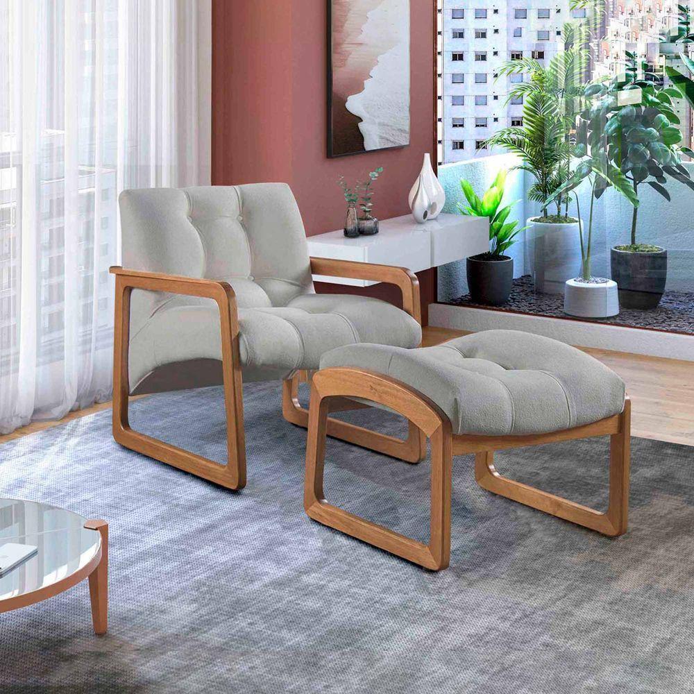 Poltrona E Puff Lis Em Linho Bouclê Com Base De Madeira Cor Prata 2502 Peça Poltrona + Puff - 5