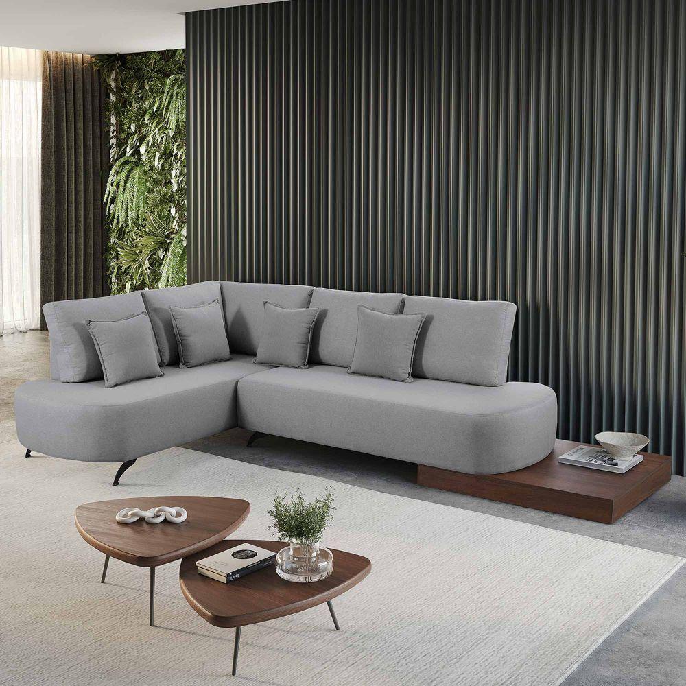 Sofá De Canto Nori Curva Ld 2,61m Em Linho Com Base Madeira Cor Cinza 2323 - 7