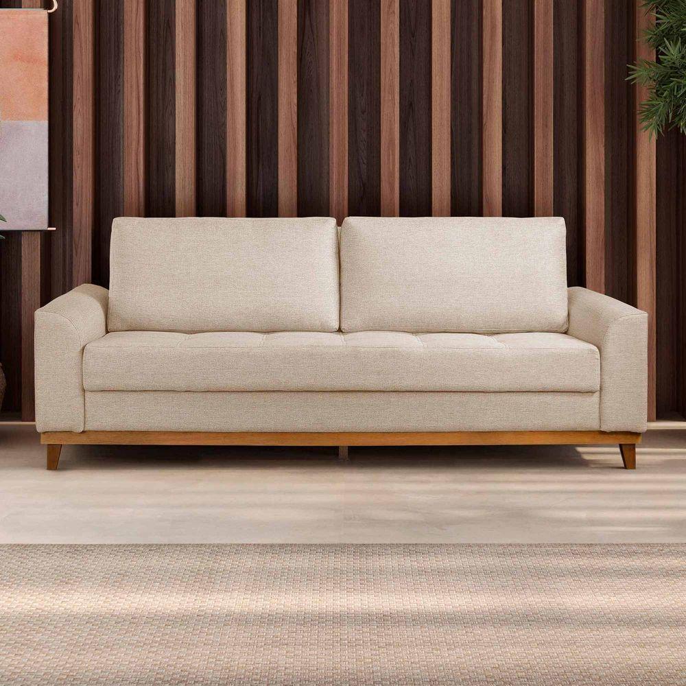 Sofá Living E Reclinável Jasmin Linho Com Pés De Madeira Usb Sem Kit Usb Cor Palha 2151 - 5