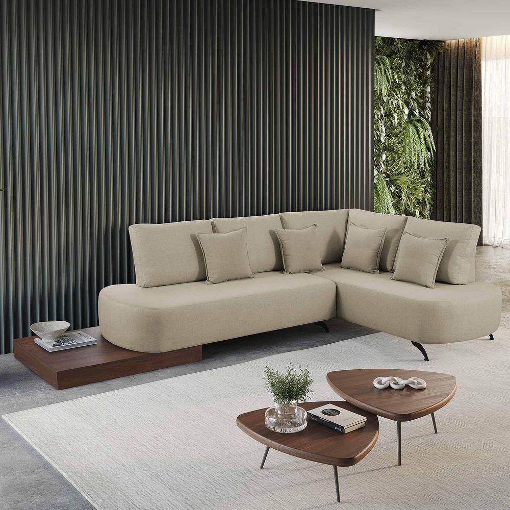 Sofá De Canto Nori Curva Le 2,61m Em Linho Com Base Em Madeira Cor Creme 2321 - 6