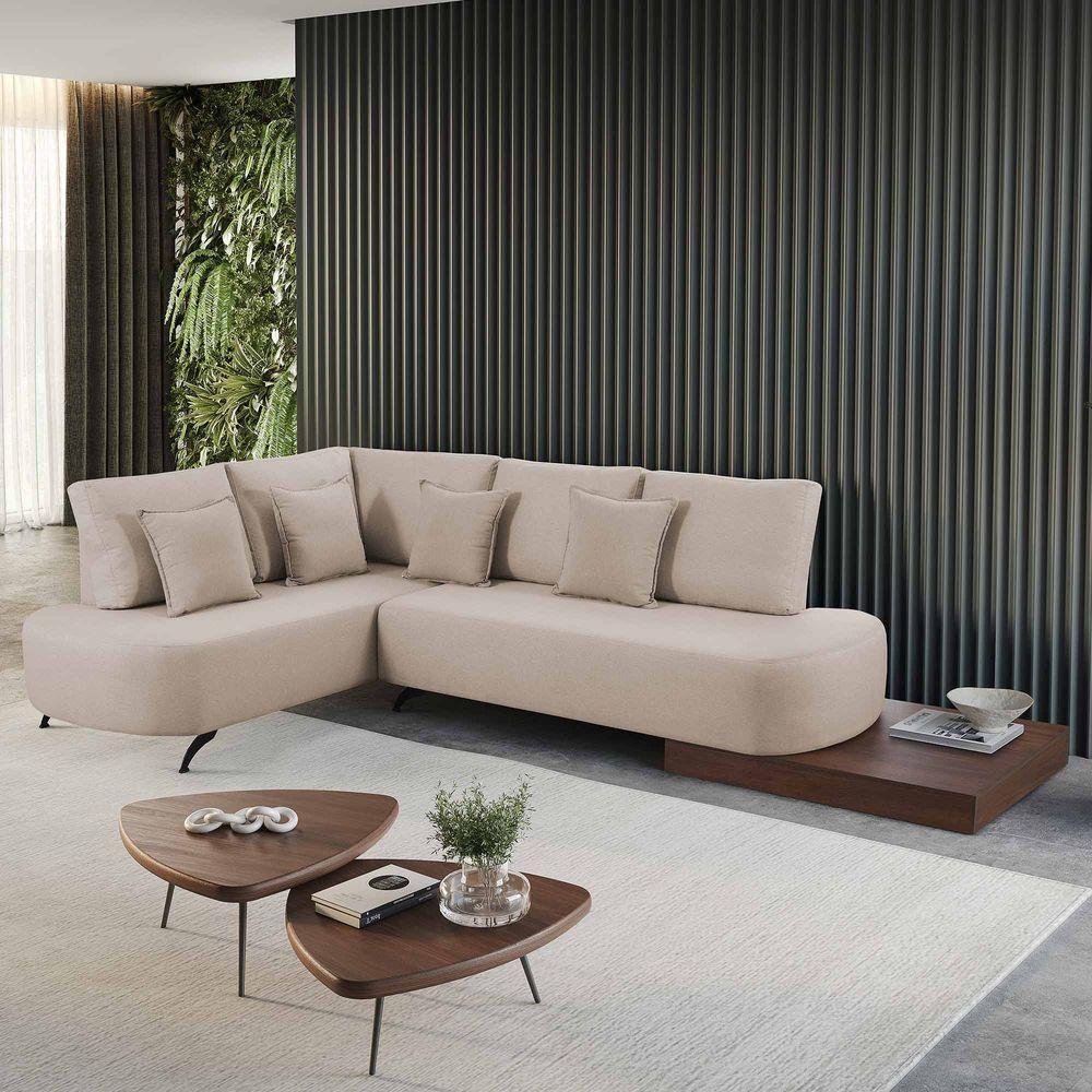 Sofá De Canto Nori Curva Ld 2,61m Em Linho Com Base Madeira Cor Cru 2320 - 1